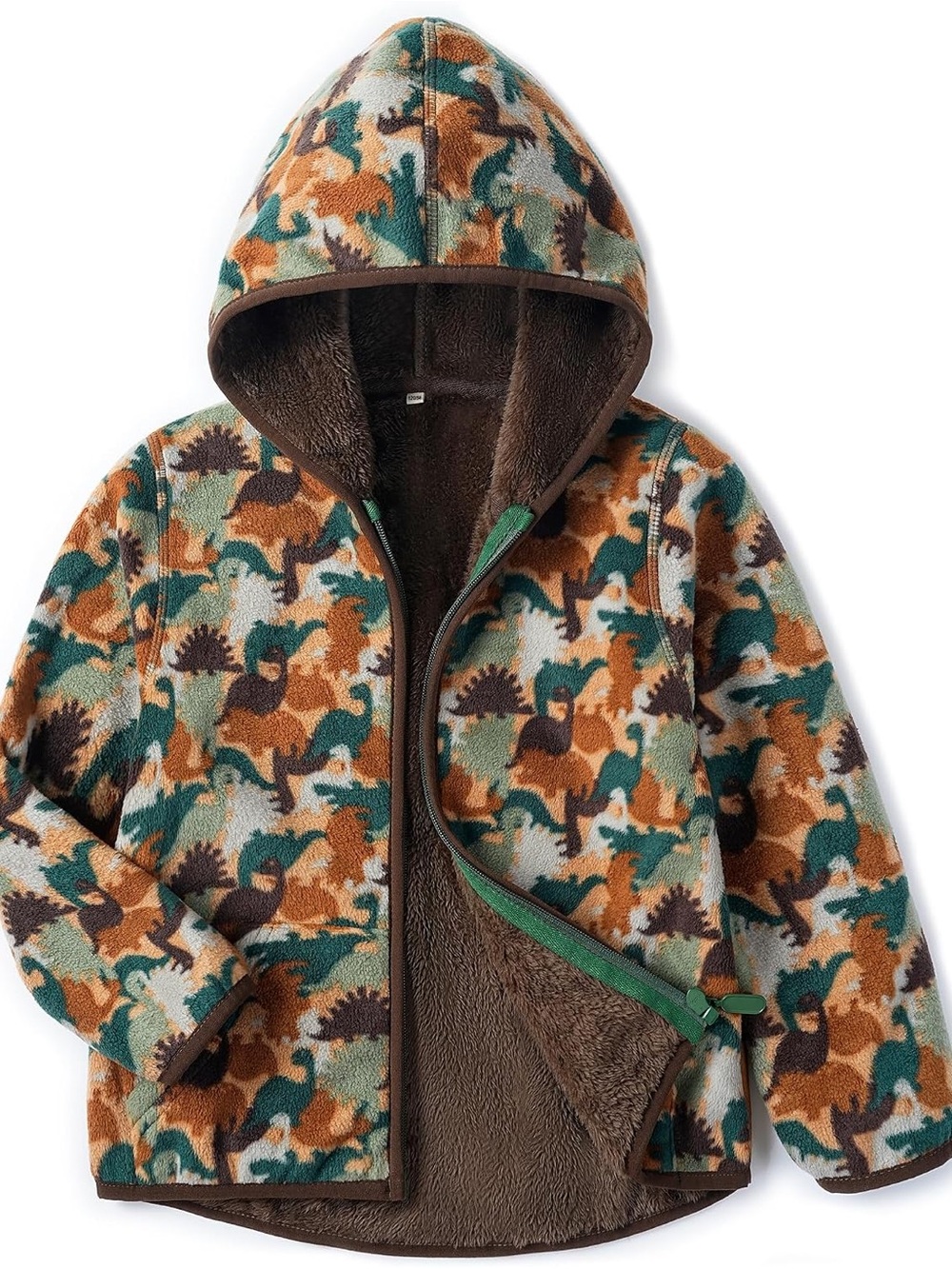 Kids Hooded Fleece Jacket in Brown & Green Dino Print